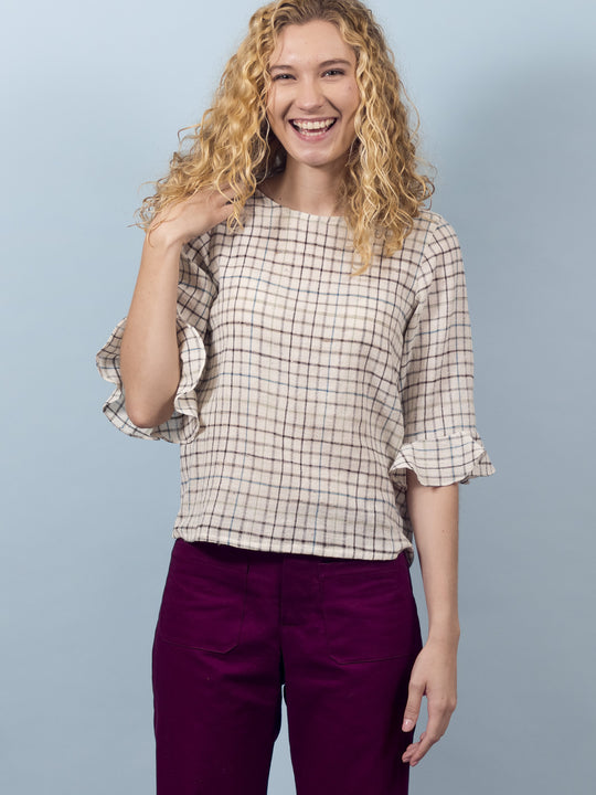 Delphine Top in Ivory Plaid